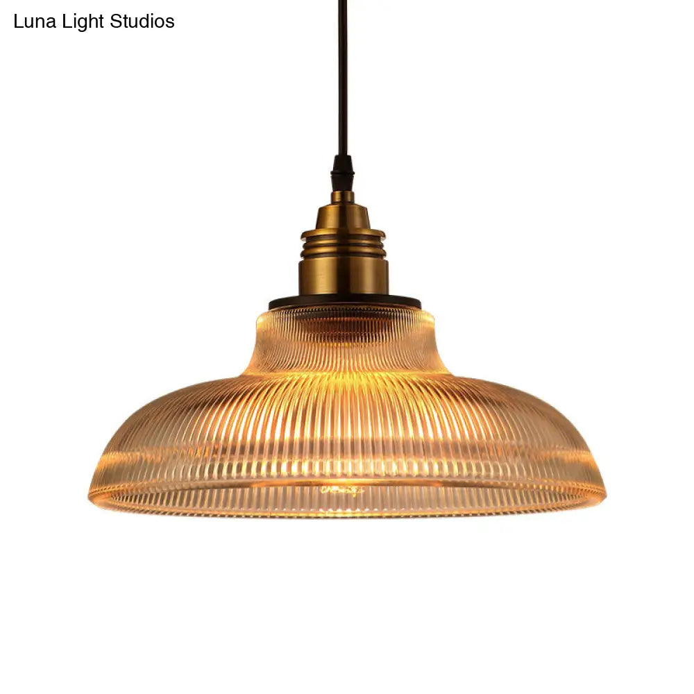 Farmhouse Ribbed Glass Brass Pendant Ceiling Light - 1 Living Room Hanging Lamp