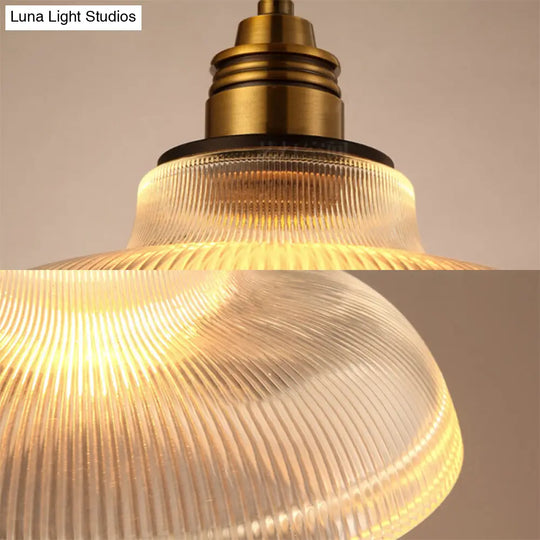 Farmhouse Ribbed Glass Brass Pendant Ceiling Light - 1 Living Room Hanging Lamp