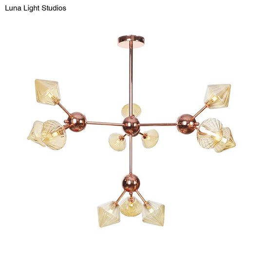 Diamond Farmhouse Chandelier Lamp - Amber/Clear Glass 3/9/12 Lights Hangs 13/27.5/34 Wide