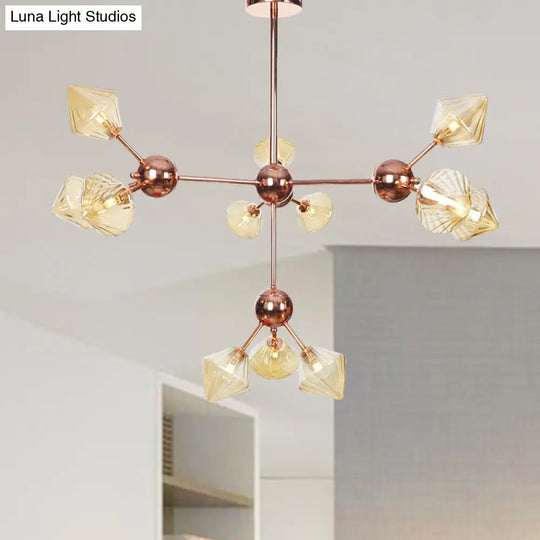 Diamond Farmhouse Chandelier Lamp - Amber/Clear Glass 3/9/12 Lights Hangs 13/27.5/34 Wide 12 / Amber