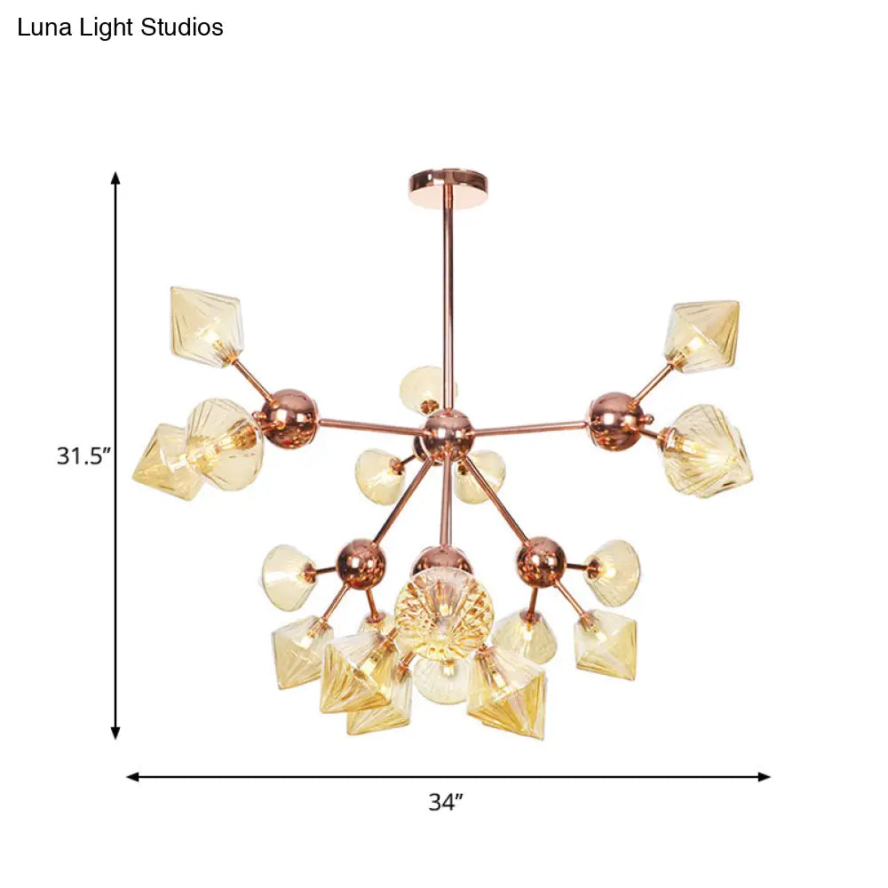 Diamond Farmhouse Chandelier Lamp - Amber/Clear Glass 3/9/12 Lights Hangs 13/27.5/34 Wide