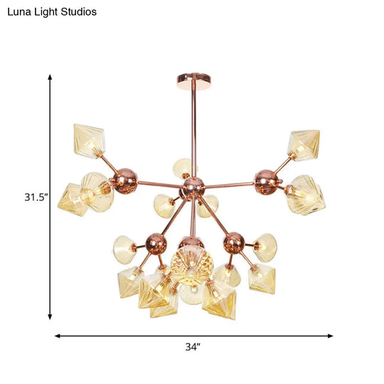 Diamond Farmhouse Chandelier Lamp - Amber/Clear Glass 3/9/12 Lights Hangs 13/27.5/34 Wide