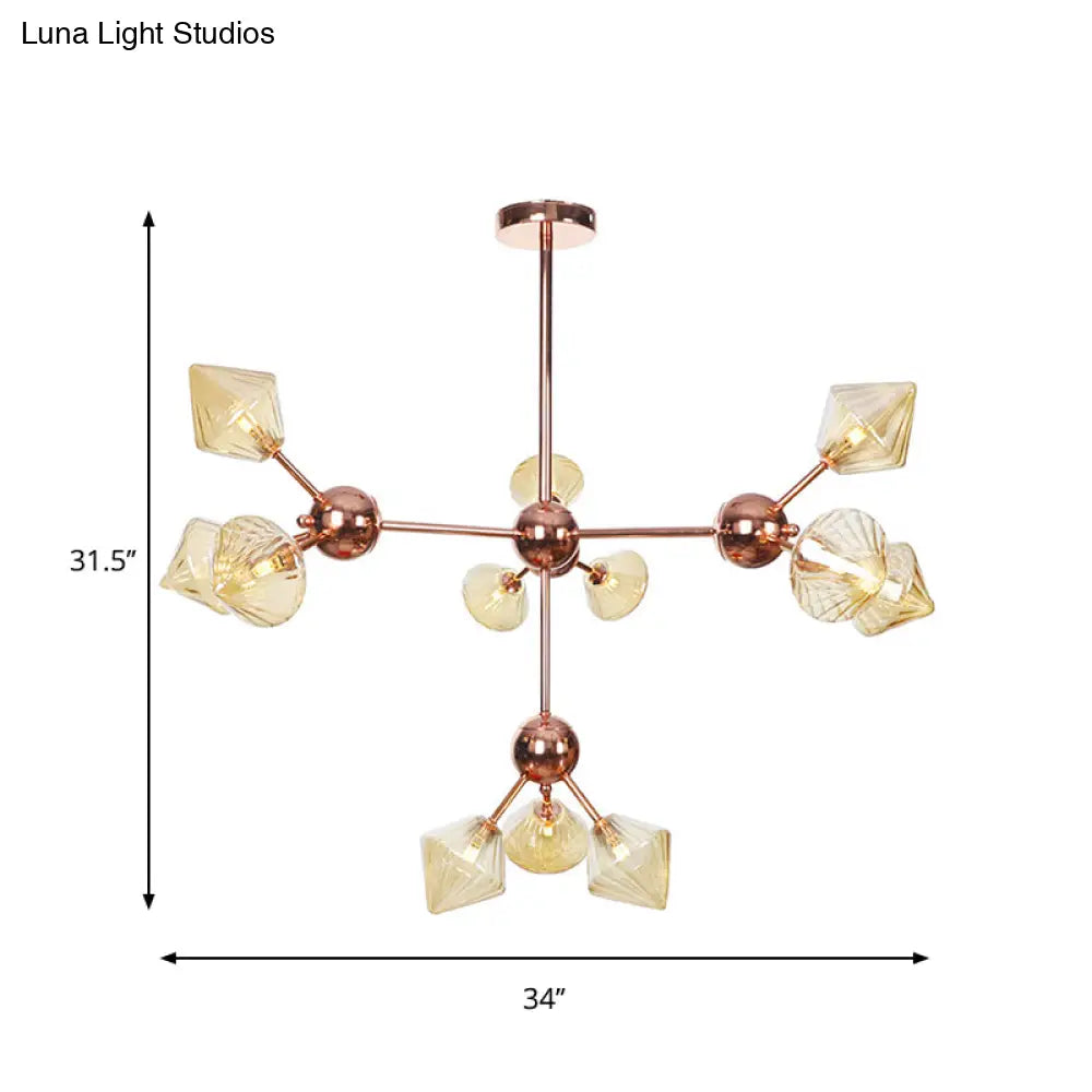 Diamond Farmhouse Chandelier Lamp - Amber/Clear Glass 3/9/12 Lights Hangs 13/27.5/34 Wide