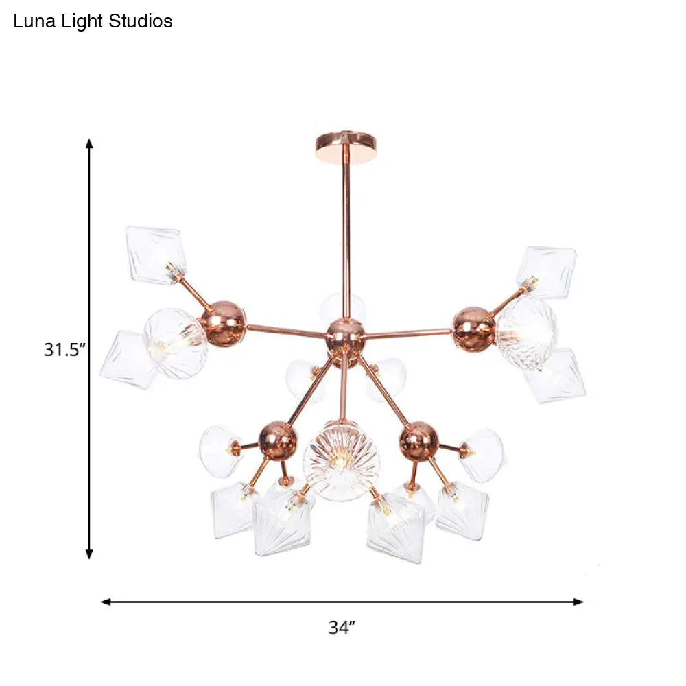 Diamond Farmhouse Chandelier Lamp - Amber/Clear Glass 3/9/12 Lights Hangs 13/27.5/34 Wide