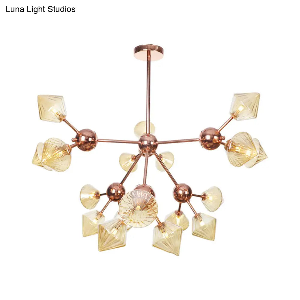 Diamond Farmhouse Chandelier Lamp - Amber/Clear Glass 3/9/12 Lights Hangs 13/27.5/34 Wide