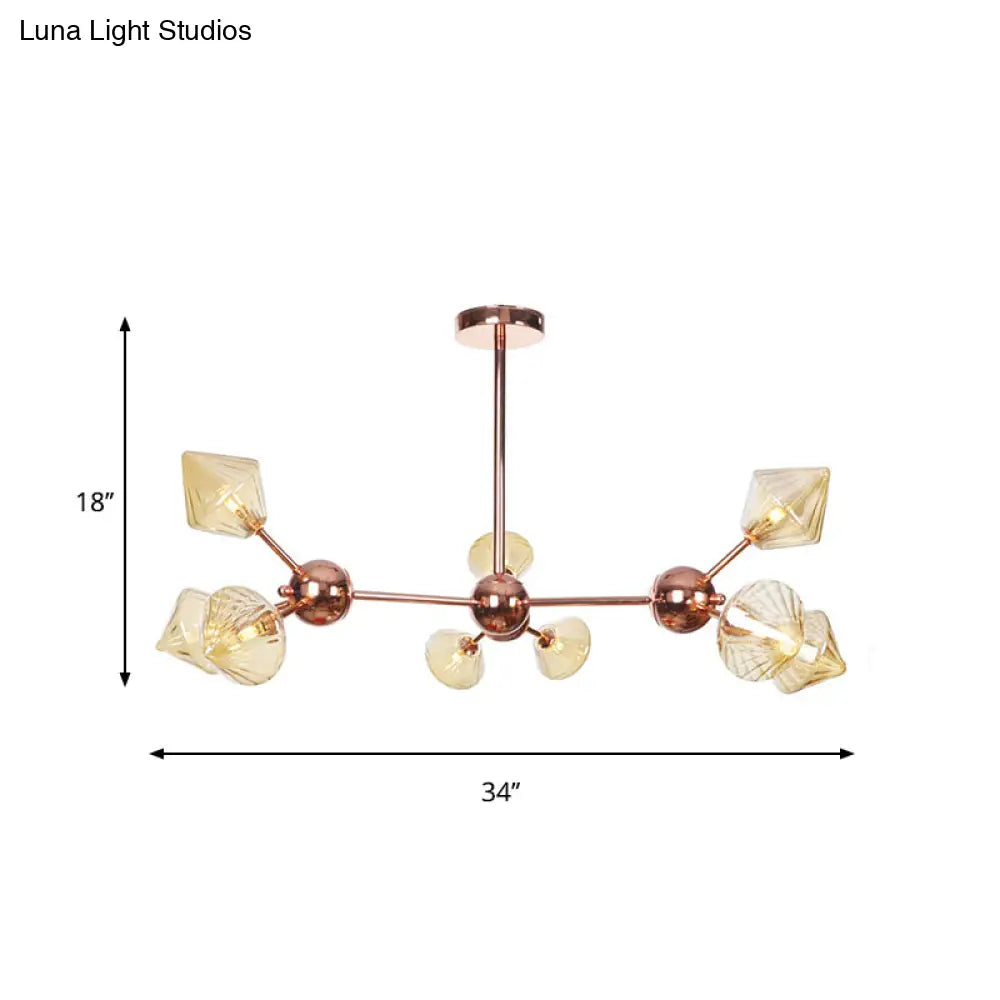 Diamond Farmhouse Chandelier Lamp - Amber/Clear Glass 3/9/12 Lights Hangs 13/27.5/34 Wide