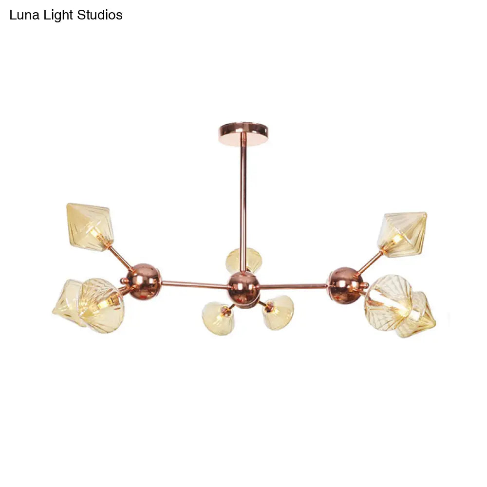 Diamond Farmhouse Chandelier Lamp - Amber/Clear Glass 3/9/12 Lights Hangs 13/27.5/34 Wide