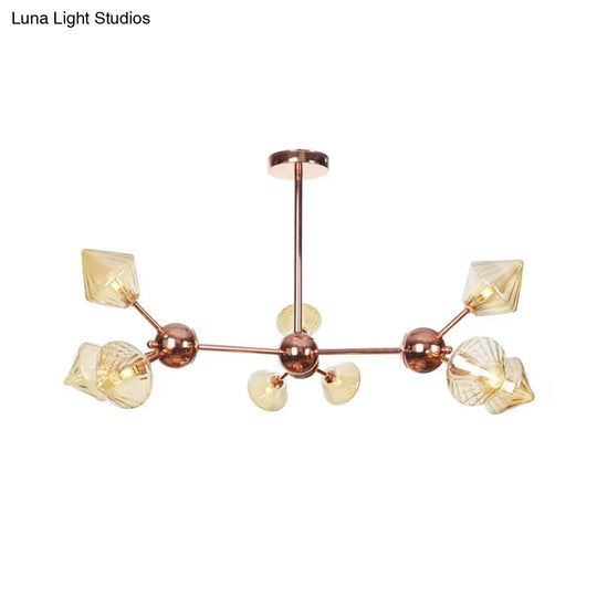 Diamond Farmhouse Chandelier Lamp - Amber/Clear Glass 3/9/12 Lights Hangs 13/27.5/34 Wide