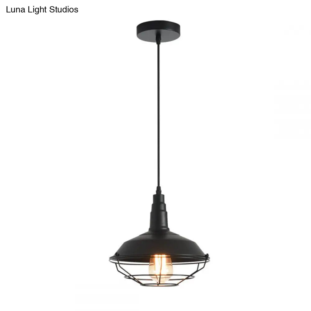 Farmhouse Barn Style Black Metal Pendant Lamp With Tapered Cage - 1 Light