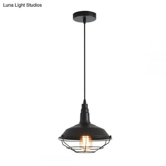 Farmhouse Barn Style Black Metal Pendant Lamp With Tapered Cage - 1 Light