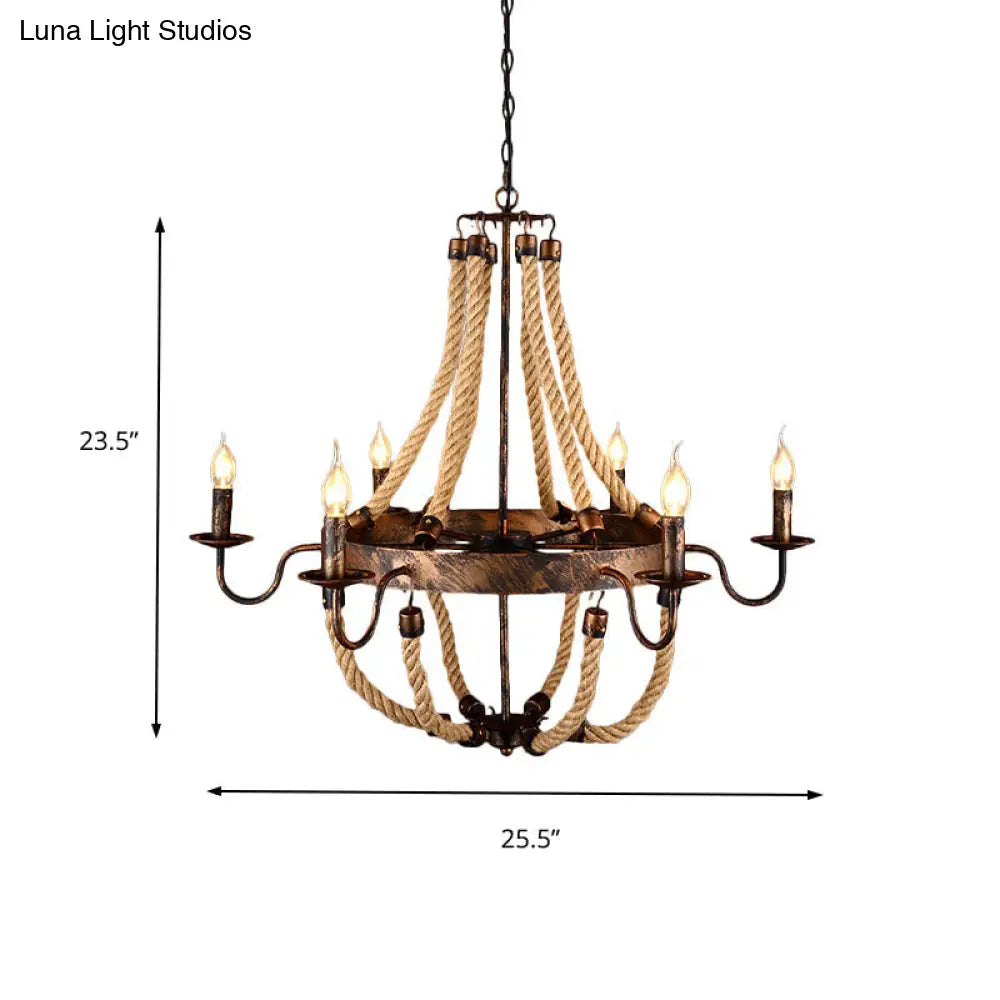 Rustic 6-Light Indoor Hanging Lamp: Flameless Candle Iron Chandelier With Hemp Rope - Farmhouse