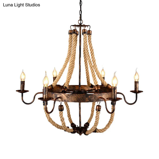 Rustic 6-Light Indoor Hanging Lamp: Flameless Candle Iron Chandelier With Hemp Rope - Farmhouse