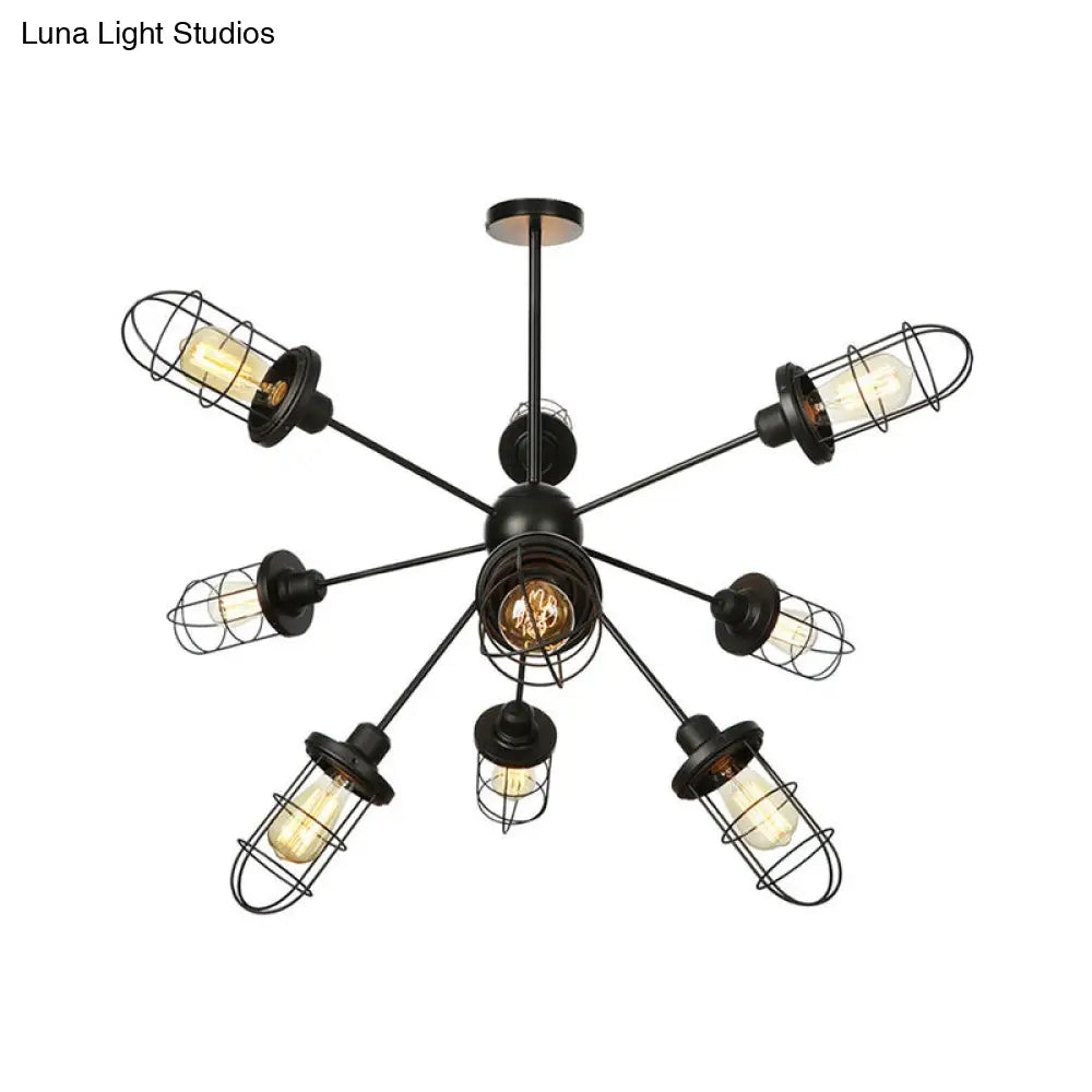 Caged Iron Chandelier - Farmhouse Style Ceiling Lamp Black Finish With Sputnik Design 9/12/15 Lights