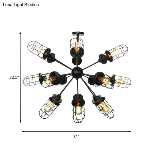 Farmhouse Style Iron Caged Chandelier - 9/12/15 Lights Sputnik Design Black Finish