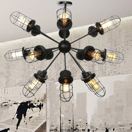 Farmhouse Style Iron Caged Chandelier - 9/12/15 Lights Sputnik Design Black Finish 18 /