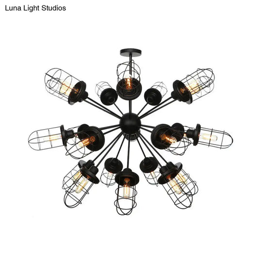 Caged Iron Chandelier - Farmhouse Style Ceiling Lamp Black Finish With Sputnik Design 9/12/15 Lights