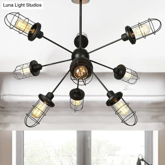 Caged Iron Chandelier - Farmhouse Style Ceiling Lamp Black Finish With Sputnik Design 9/12/15 Lights