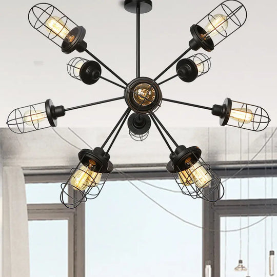 Farmhouse Style Iron Caged Chandelier - 9/12/15 Lights Sputnik Design Black Finish 12 /