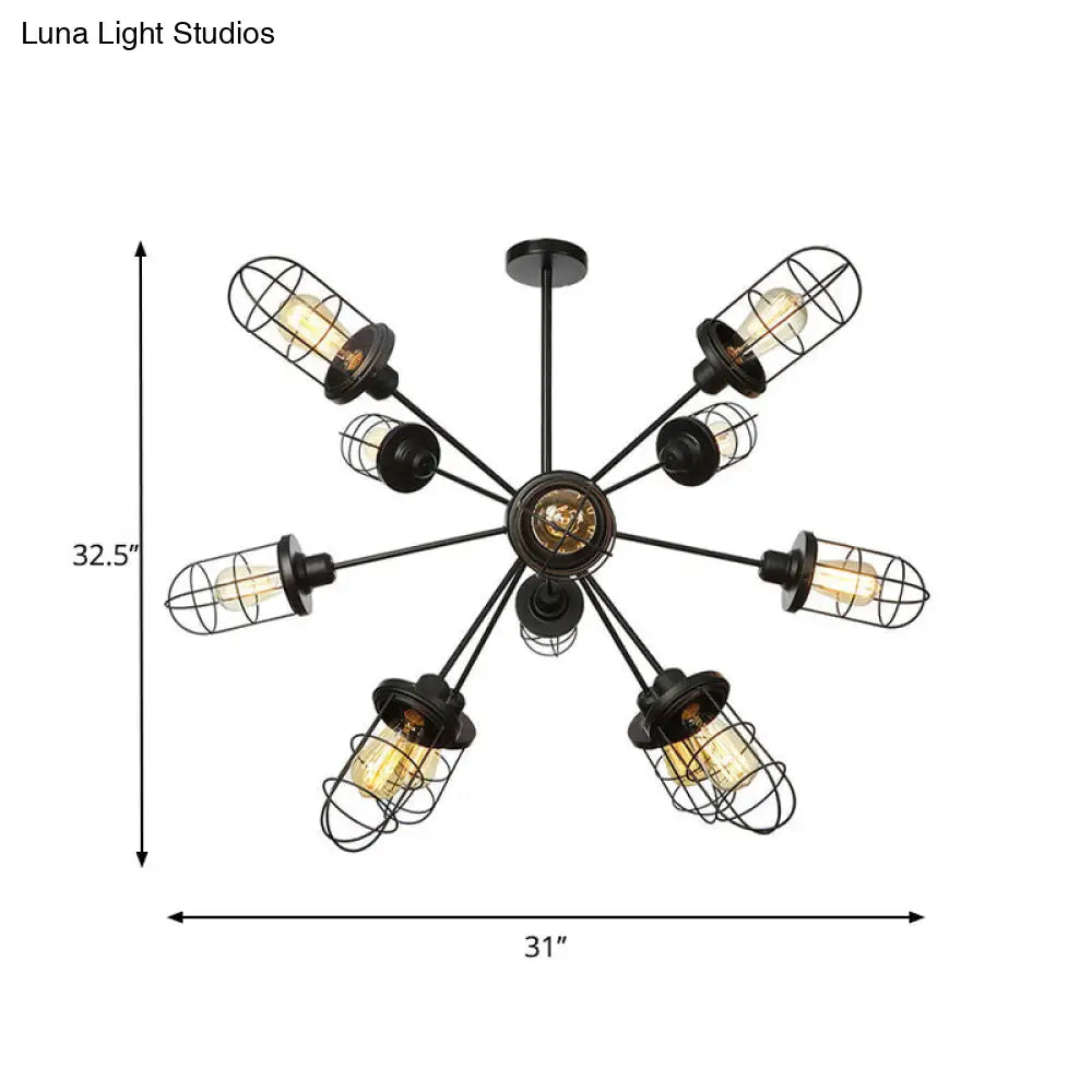 Caged Iron Chandelier - Farmhouse Style Ceiling Lamp Black Finish With Sputnik Design 9/12/15 Lights