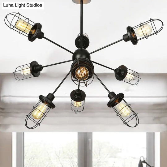 Farmhouse Style Iron Caged Chandelier - 9/12/15 Lights Sputnik Design Black Finish