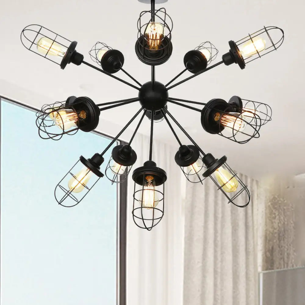 Farmhouse Style Iron Caged Chandelier - 9/12/15 Lights Sputnik Design Black Finish 15 /