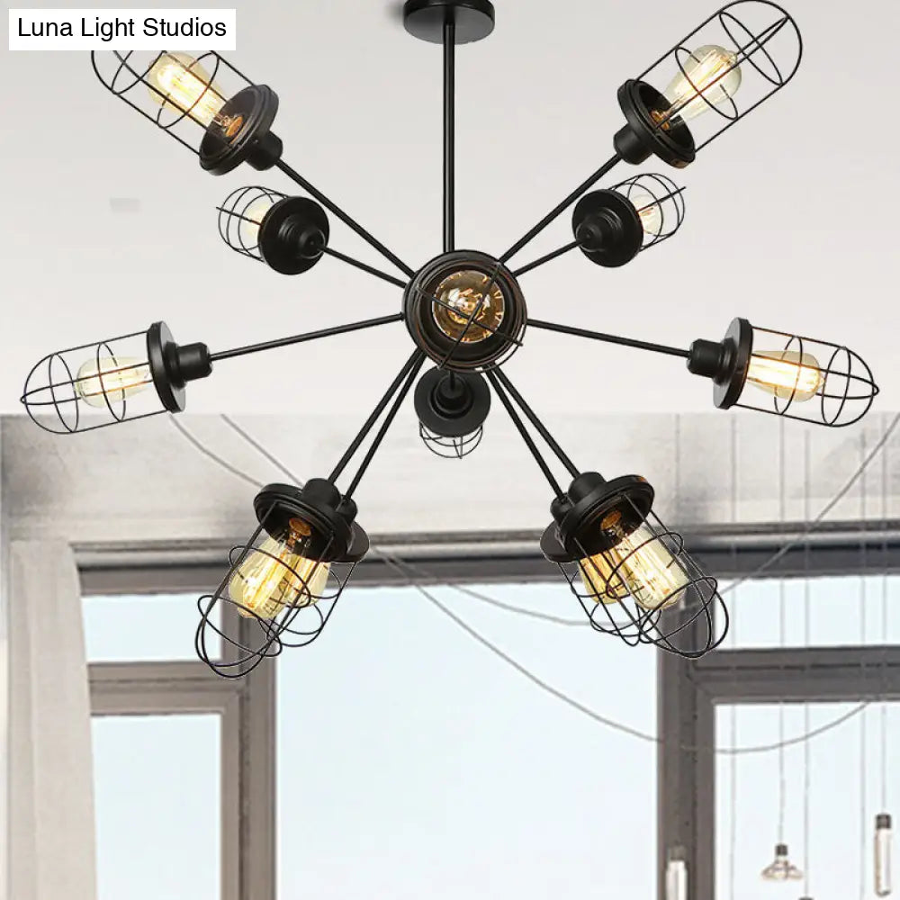 Caged Iron Chandelier - Farmhouse Style Ceiling Lamp Black Finish With Sputnik Design 9/12/15 Lights