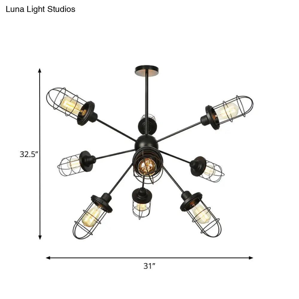 Caged Iron Chandelier - Farmhouse Style Ceiling Lamp Black Finish With Sputnik Design 9/12/15 Lights