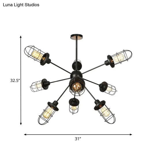 Caged Iron Chandelier - Farmhouse Style Ceiling Lamp Black Finish With Sputnik Design 9/12/15 Lights