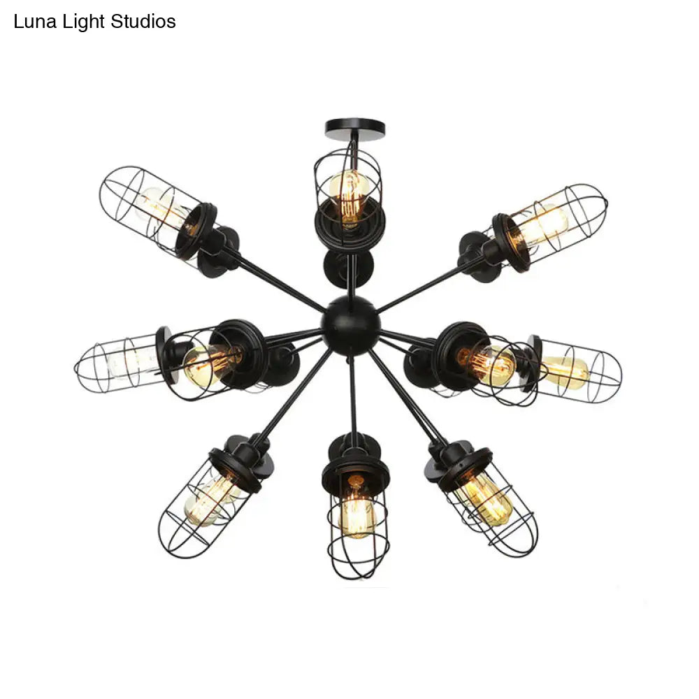 Farmhouse Style Iron Caged Chandelier - 9/12/15 Lights Sputnik Design Black Finish