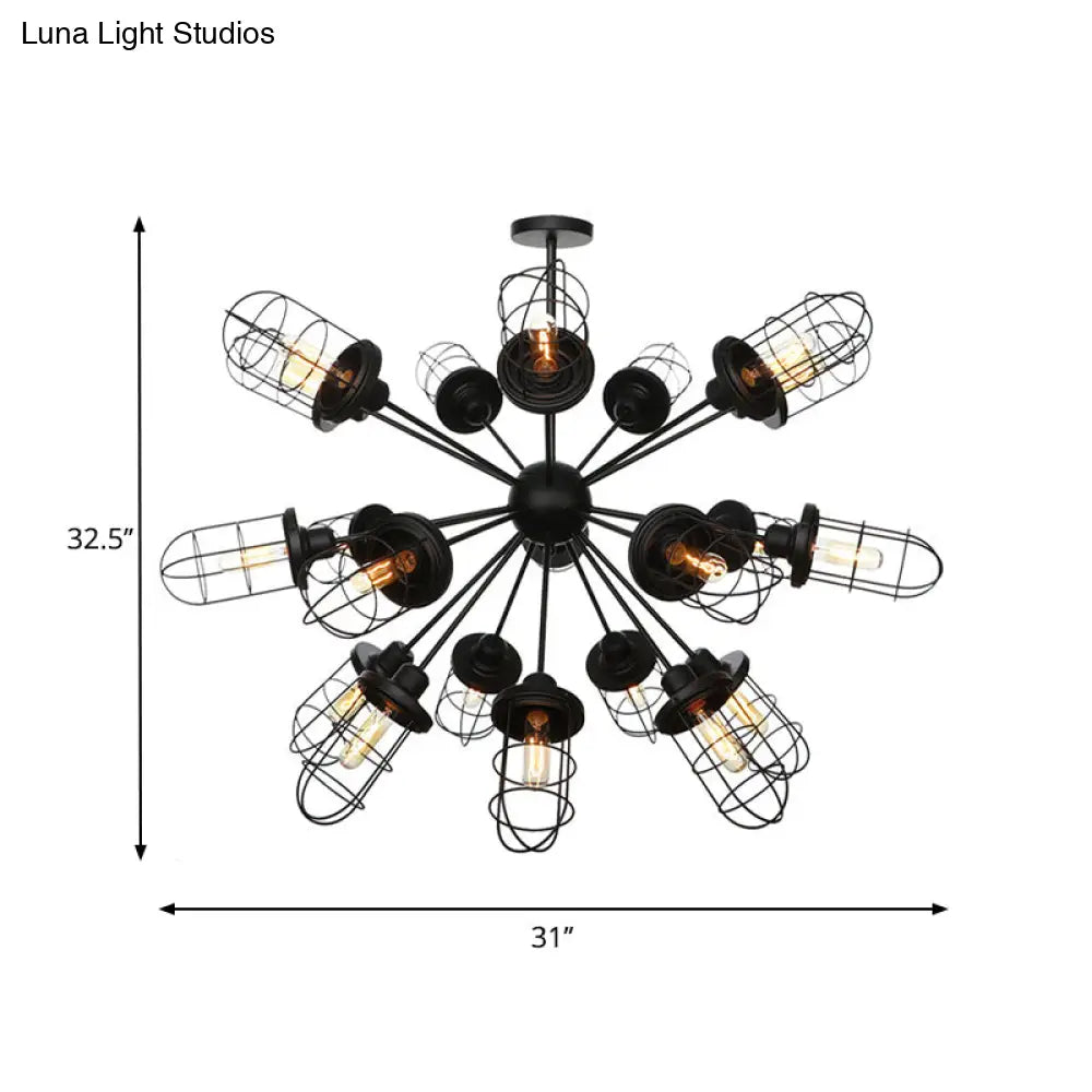 Farmhouse Style Iron Caged Chandelier - 9/12/15 Lights Sputnik Design Black Finish