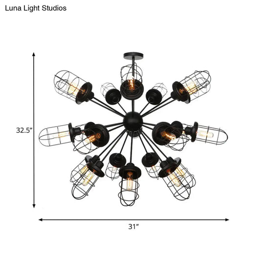 Farmhouse Style Iron Caged Chandelier - 9/12/15 Lights Sputnik Design Black Finish