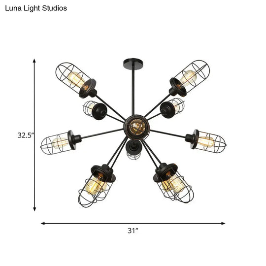 Farmhouse Style Iron Caged Chandelier - 9/12/15 Lights Sputnik Design Black Finish