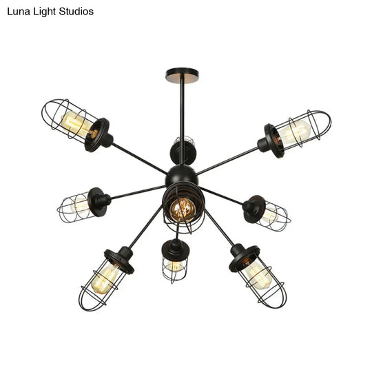 Farmhouse Style Iron Caged Chandelier - 9/12/15 Lights Sputnik Design Black Finish