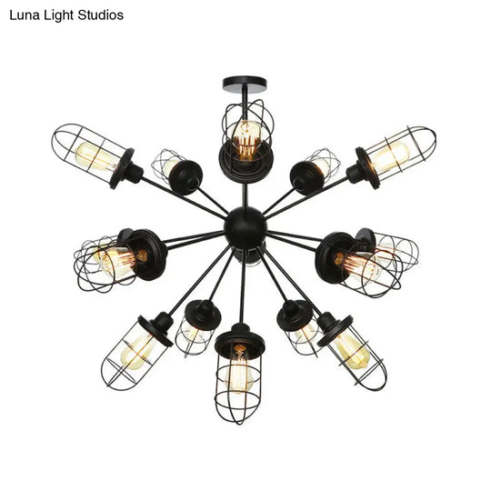 Caged Iron Chandelier - Farmhouse Style Ceiling Lamp Black Finish With Sputnik Design 9/12/15 Lights