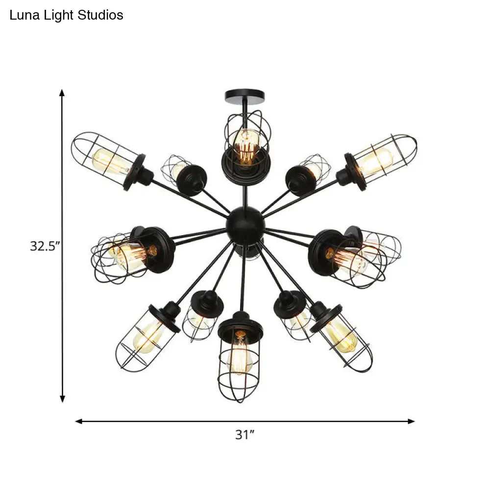 Caged Iron Chandelier - Farmhouse Style Ceiling Lamp Black Finish With Sputnik Design 9/12/15 Lights