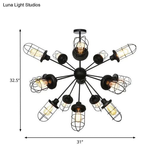 Farmhouse Style Iron Caged Chandelier - 9/12/15 Lights Sputnik Design Black Finish