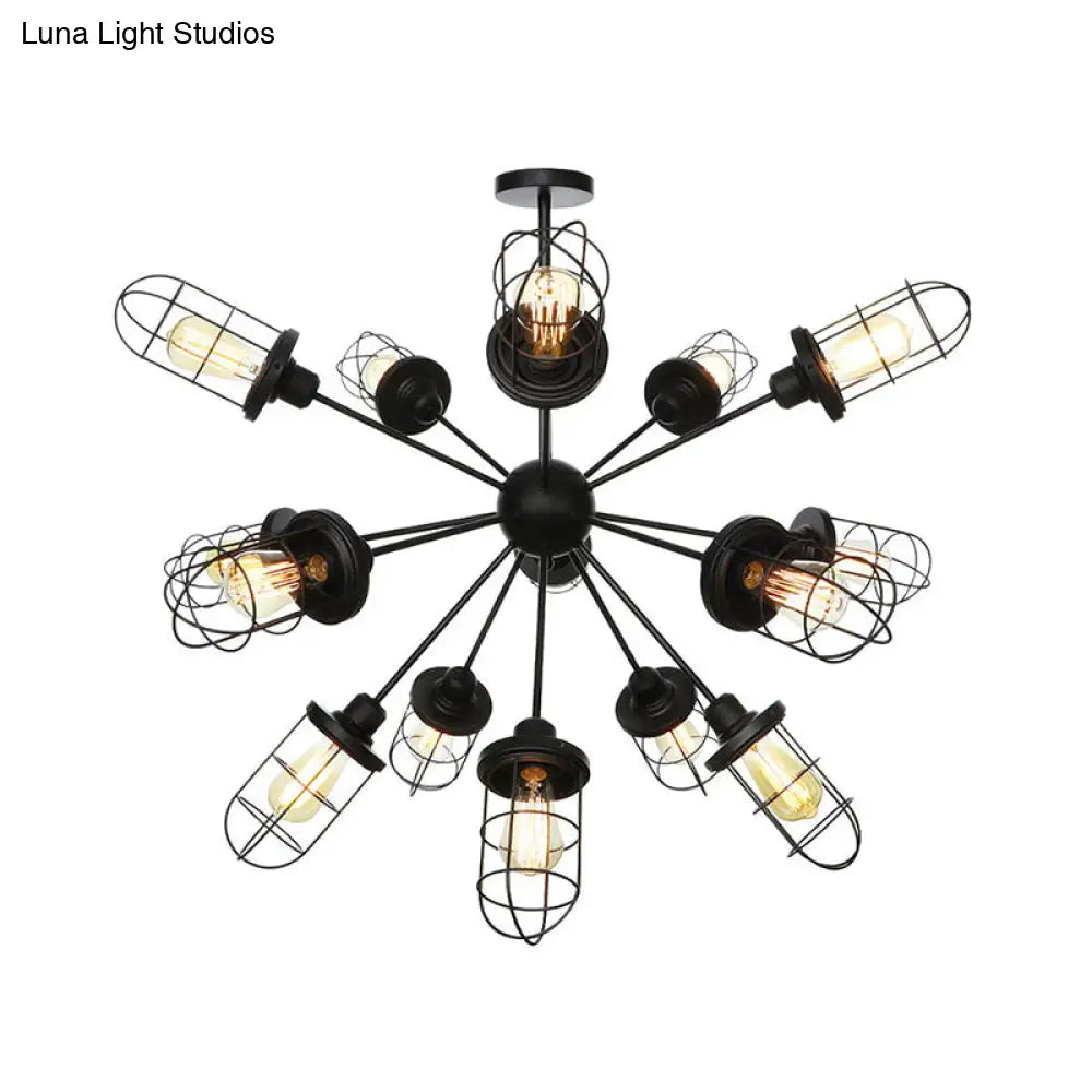 Farmhouse Style Iron Caged Chandelier - 9/12/15 Lights Sputnik Design Black Finish