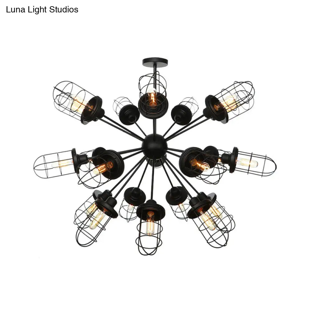 Farmhouse Style Iron Caged Chandelier - 9/12/15 Lights Sputnik Design Black Finish