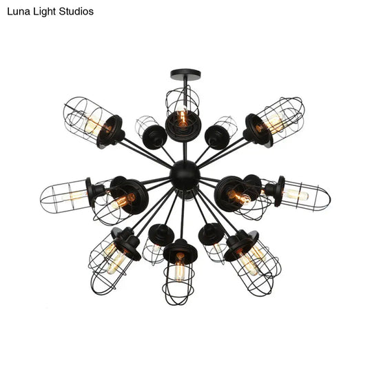 Farmhouse Style Iron Caged Chandelier - 9/12/15 Lights Sputnik Design Black Finish