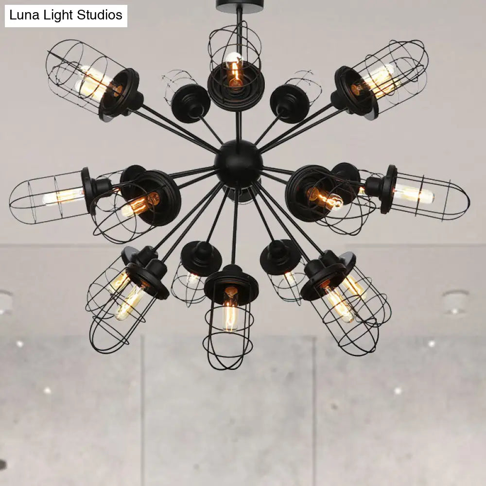 Caged Iron Chandelier - Farmhouse Style Ceiling Lamp Black Finish With Sputnik Design 9/12/15 Lights