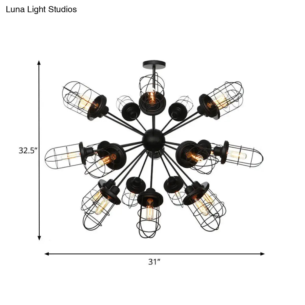 Caged Iron Chandelier - Farmhouse Style Ceiling Lamp Black Finish With Sputnik Design 9/12/15 Lights