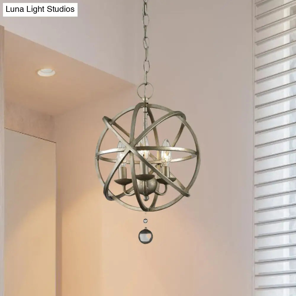 Farmhouse Orb Caged Chandelier - 3-Light Kitchen Pendant With Crystal Decoration Pewter