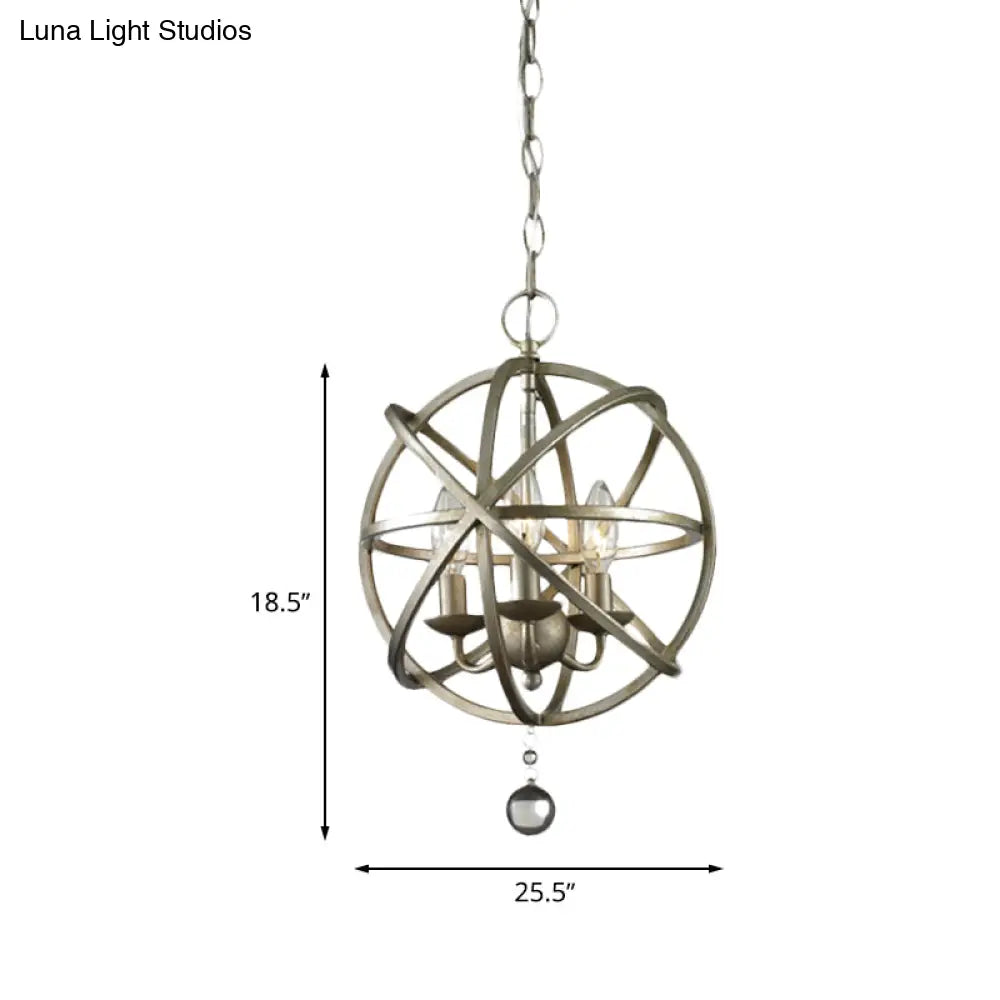 Farmhouse Style Iron Kitchen Chandelier Pendant Light - Orb Caged Design 3 Lights Pewter Finish