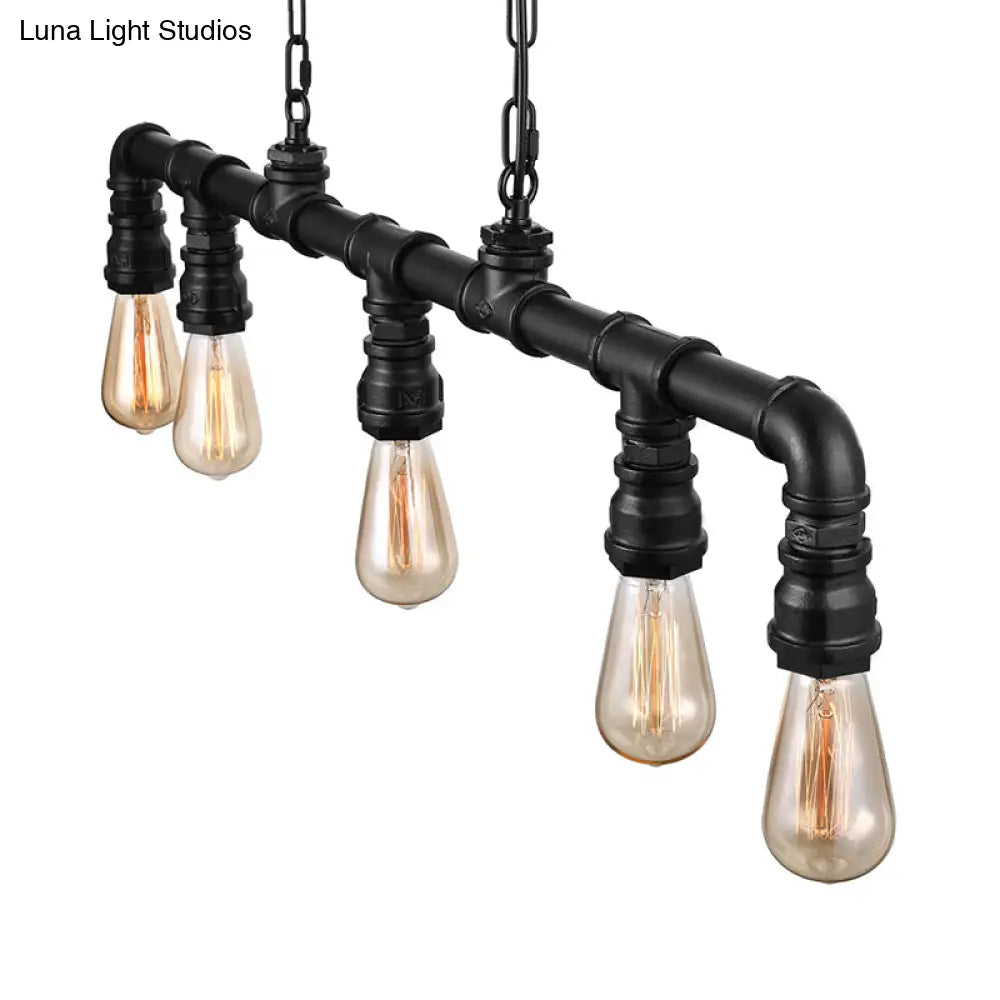 Farmhouse Style Linear Island Pendant Light With 5 Pipes In Black Metal