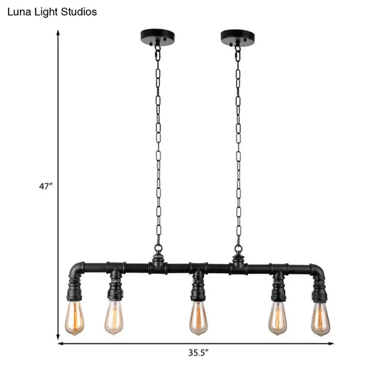 Farmhouse Style Linear Island Pendant Light With 5 Pipes In Black Metal