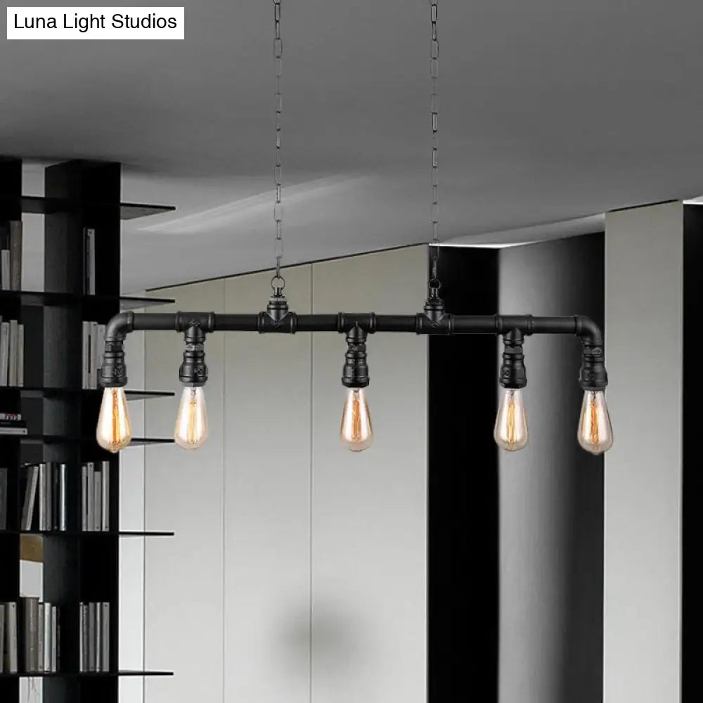 Farmhouse Style Linear Island Pendant Light With 5 Pipes In Black Metal