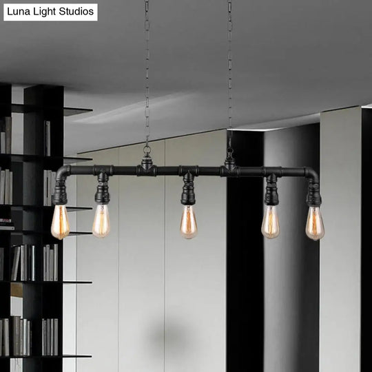 Farmhouse Style Linear Island Pendant Light With 5 Pipes In Black Metal