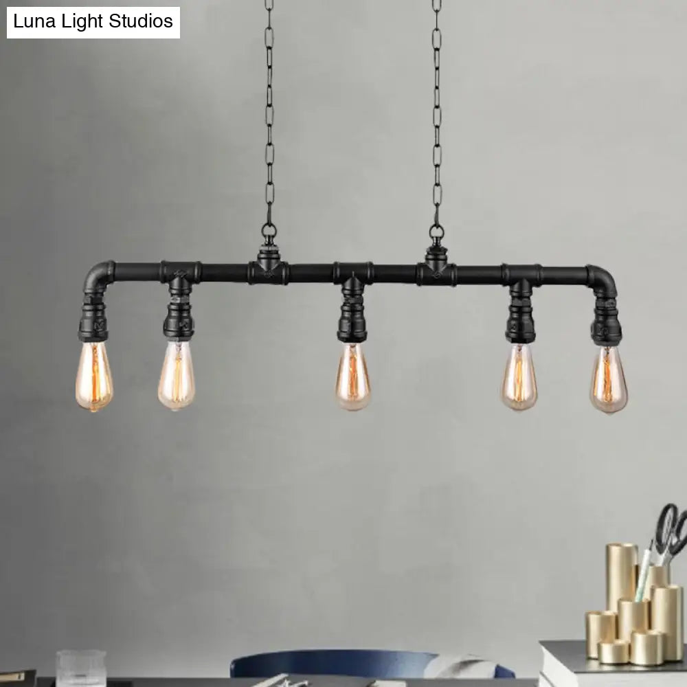 Farmhouse Style Linear Island Pendant Light With 5 Pipes In Black Metal