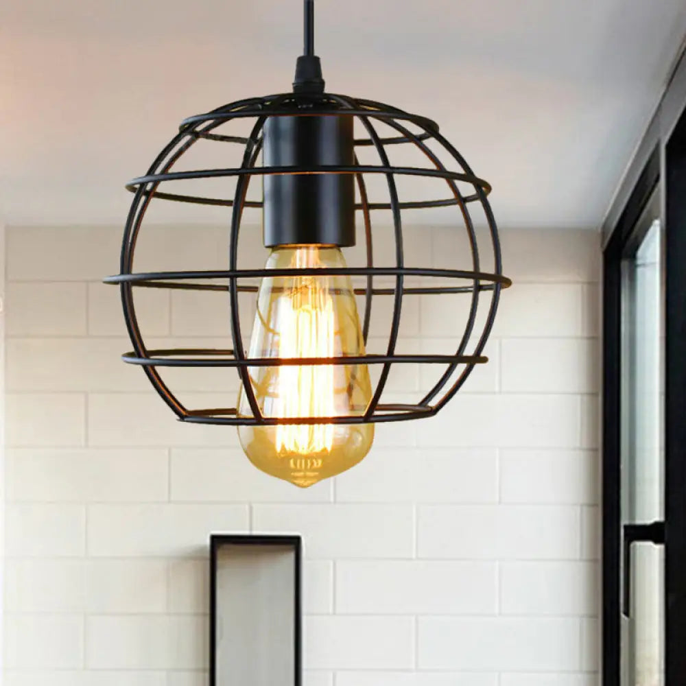 Farmhouse Style Metal Cage Pendant Light 6’/7’ Wide 1 Head Balcony Ceiling Fixture In Black