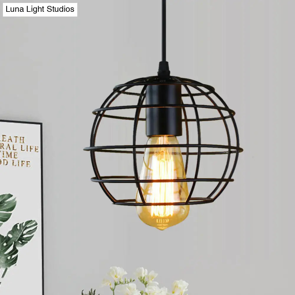Farmhouse Style Metal Cage Pendant Light - 6/7 Wide Balcony Ceiling Fixture With Globe Shade In